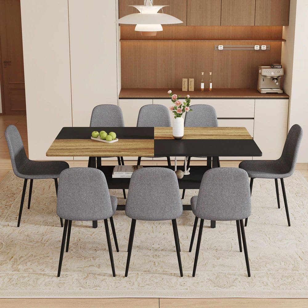 71 in. Modern Dining Table Set for 8 with Wood and Black Spliced Top, 8 Dark Gray Linen Chairs