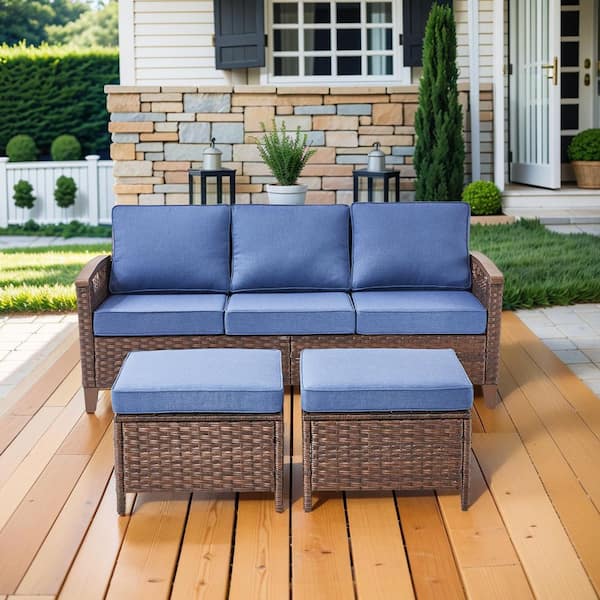 Kelsey Blue 3-Piece All-Weather Brown Wicker Patio Sofa Seating Set with Ottomans