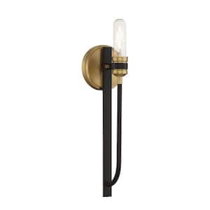 Kenyon 5 in. W x 16.5 in. H 1-Light Bronze with Warm Brass Accents Wall Sconce with Exposed Bulb