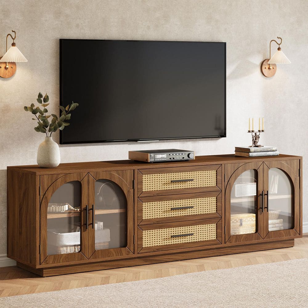 71 in. Brown TV Stand Entertainment Center Fits TVs up to 80 in. with Drawers&Shelves,Farmhouse Media Television Console