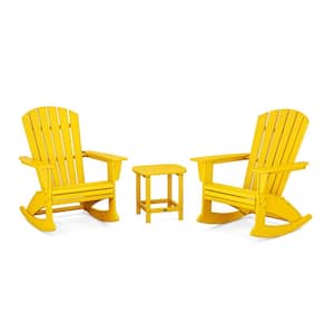 Nautical Curveback Adirondack Rocking Chair Lemon 3-Piece HDPE Plastic Patio Conversation Set