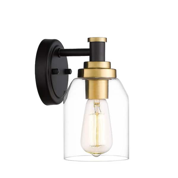 JAZAVA 4.7 in. 1 -ight Black and Gold Vanity Light with Clear Glass Shade