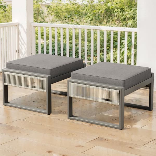 moosprr Modern Industrial Light Beige Wicker Outdoor Ottoman with Olefin Dark Gray Cushions (2-Pack)