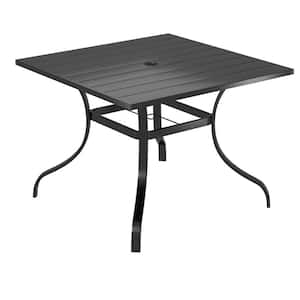 Black Rectangle Metal 37.01 in. W x 37.01 in. D Outdoor Dining Table With 1.65 in. Umbrella Hole Patio Gazebo Courtyard