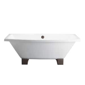 5.6 ft. Cast Iron Wooden Block Feet Rectangular Tub with No Faucet Holes with Center Drain in White