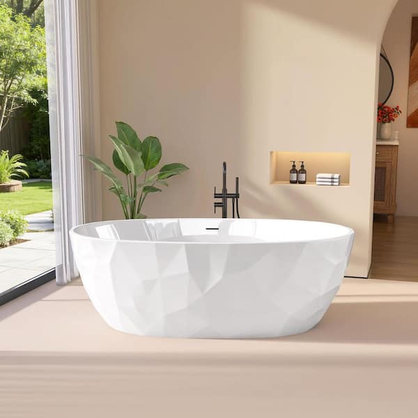 59 in. L x 30 in. W Acrylic Freestanding Soaking Bathtub Stand Alone Bathroom Tub with Center Drain in White