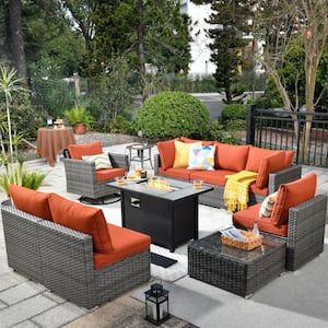 Sanibel Gray 10-Piece Wicker Patio Conversation Sofa Set with a Swivel Chair, a Metal Fire Pit and Orange Red Cushions