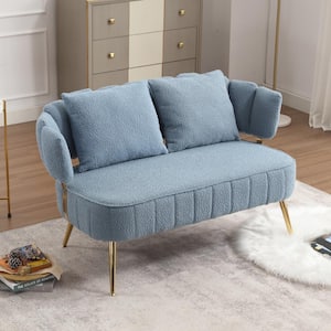 52 in. Modern Upholstered Light Blue Boucle Fabric 2-Seater Loveseat with Metal Legs and Pillows