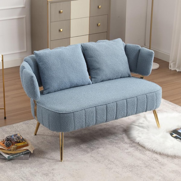 HOMEFUN 52 in. Modern Upholstered Light Blue Boucle Fabric 2-Seater Loveseat with Metal Legs and Pillows