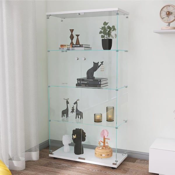 Unbranded 64.56 in. White 4-Shelves Glass Display Storage Cabinet with 2-Doors, Floor Standing Clear Glass Curio Bookshelf