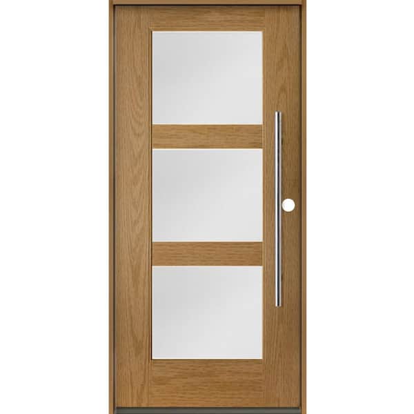 Krosswood Doors Modern Faux Pivot 36 in. x 80 in. 3-Lite Left-Hand/Inswing Satin Glass Bourbon Stain Fiberglass Prehung Front Door