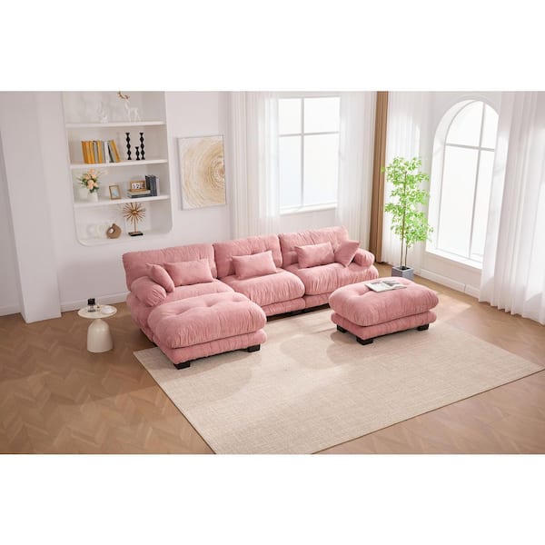 118 in. Bolster Armrest Pillows 3-Seater Pelletized Velvet U Shape Modular Sectional Sofa with 2 Ottomans in Pink