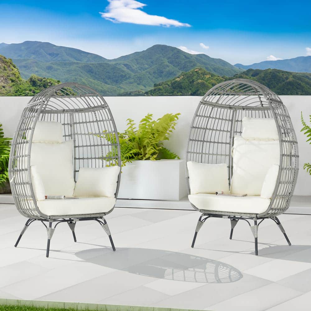 Oversized Outdoor Gray RatTan Egg Chair Patio Chaise Lounge Indoor Basket C