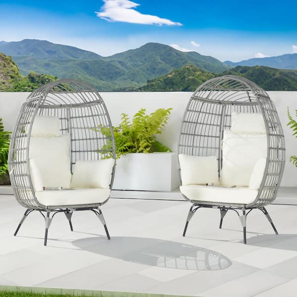 SANSTAR Oversized Outdoor Gray RatTan Egg Chair Patio Chaise Lounge Indoor Basket Chair with Beige Cushion (2-Pieces)