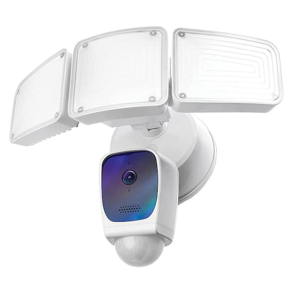 Home Zone Security Wired Outdoor White Bullet Home Security Camera with Triple Head Smart Flood Light