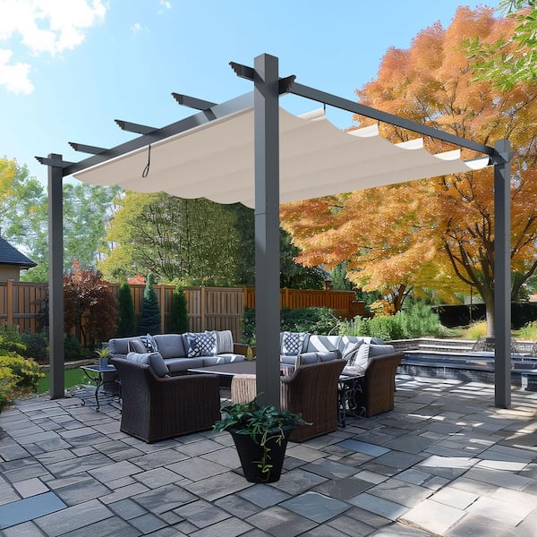 13 ft. W x 10 ft. D Aluminum Pergola Outdoor with Beige Retractable Canopy