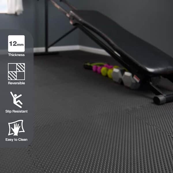 Black/Gray 24 in. x 24 in. x 0.47 in. Foam Dual Sided Gym Floor Tiles (4 Tiles/Pack (16 sq. ft.)