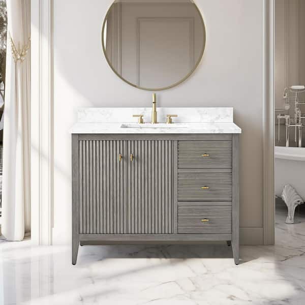 Vanity Art 42 in. W x 22 in D x 38 in. H Single Sink Bath Vanity Cabinet in Linear Driftwood Gray with White Engineered Marble Top