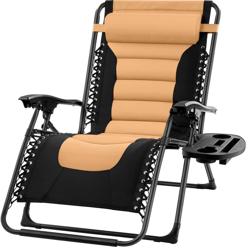 Padded Tan Metal Outdoor Recliner with Headrest and Side Tray