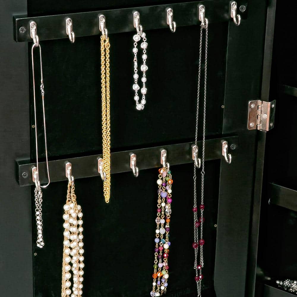 Black Wood Wall Mounted Jewelry Armoire with Mirror