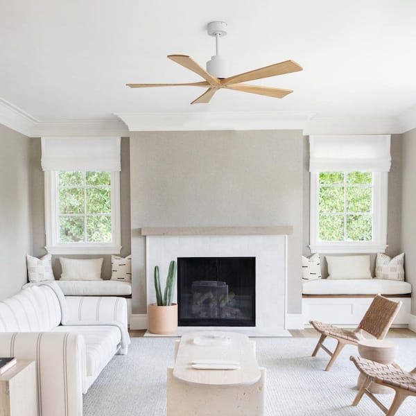 52 in. W Indoor White Flush/Downrod Mount Standard Wood Ceiling Fan with Remote Control, No Light