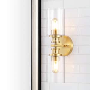 Jules Edison 16.5 in. 2-Light Brass Gold Cylinder Iron/Seeded Glass Farmhouse Contemporary LED Vanity Light
