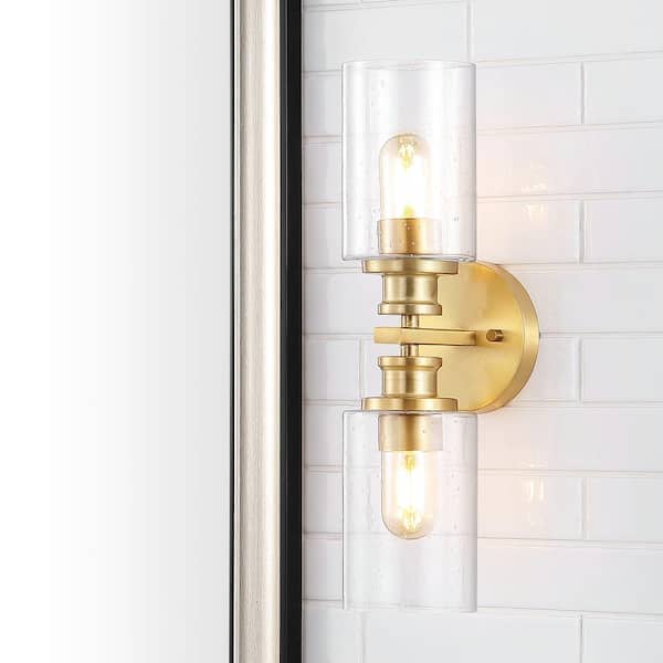 JONATHAN Y Jules Edison 16.5 in. 2-Light Brass Gold Cylinder Iron/Seeded Glass Farmhouse Contemporary LED Vanity Light