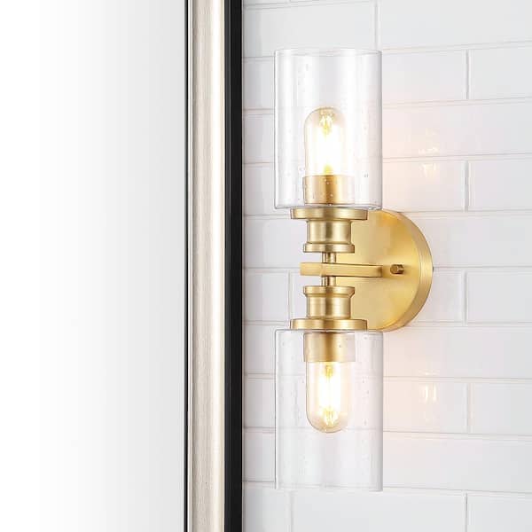 JONATHAN Y Jules Edison 16.5 in. 2-Light Brass Gold Cylinder Iron/Seeded Glass Farmhouse Contemporary LED Vanity Light