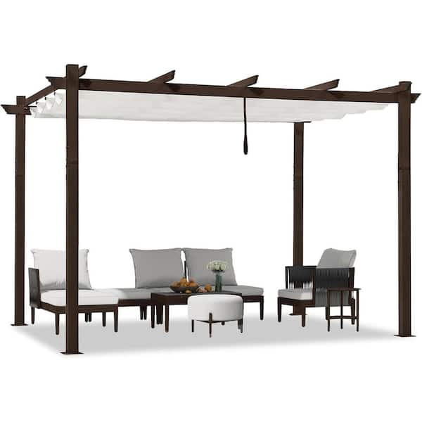 PURPLE LEAF 10 ft. x 12 ft. White Metal Outdoor Retractable Pergola with Shade Canopy Cover for Beach Deck Gazebo