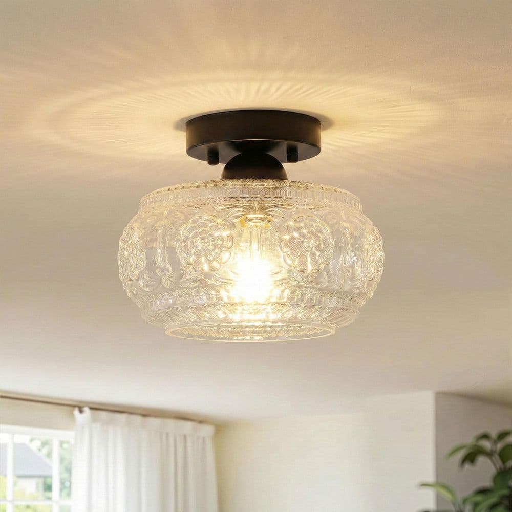 Vintage 9.45 in. 1-Light Black Semi-Flush Mount Ceiling Light Fixture with Clear Floral Glass Shade price history on PriceWatchPro