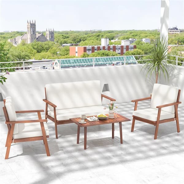 4-Piece Wood Patio Conversation Set with Off White Cushions