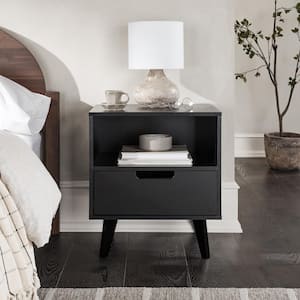 1-Drawer Black Wood Mid-Century Modern Nightstand with Cubby, Set of 2