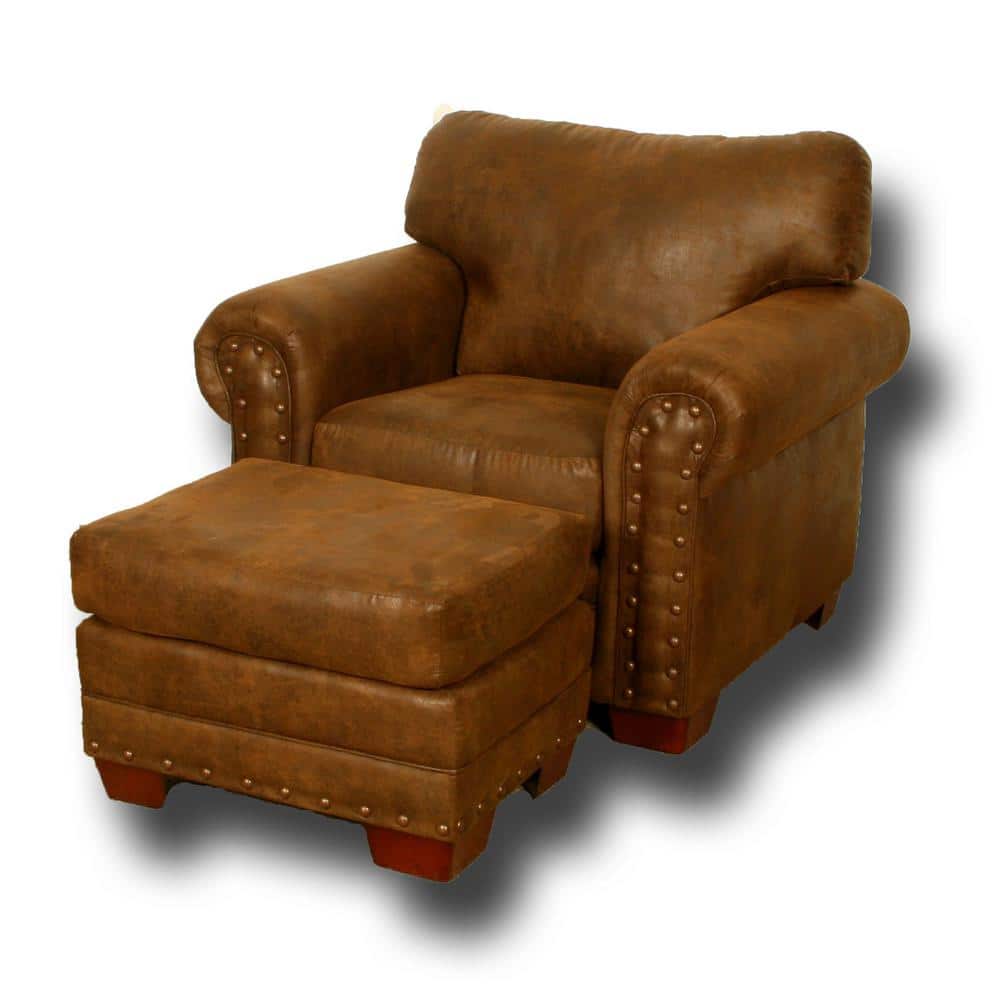 Buckskin Rustic Leather-Look Microfiber Ottoman with Antique Brass Accents