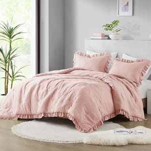 Phoebe 3-Piece Blush Microfiber Full/Queen Diamond Quilted Ruffle Edge Comforter Set