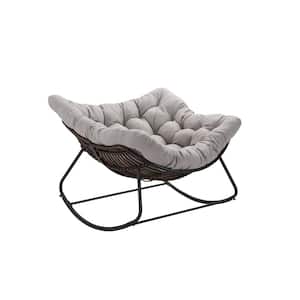 1-Piece Metal Gray Rattan Rope Club Outdoor Rocking Chair with Light Gray Cushion