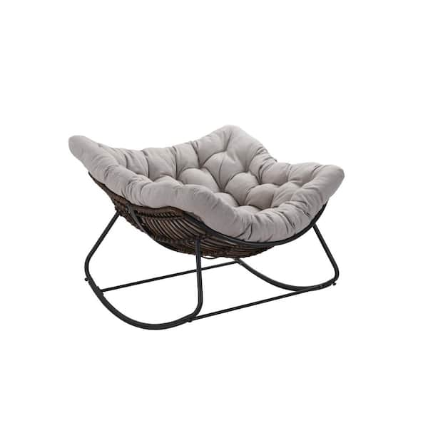 Unbranded 1-Piece Metal Gray Rattan Rope Club Outdoor Rocking Chair with Light Gray Cushion