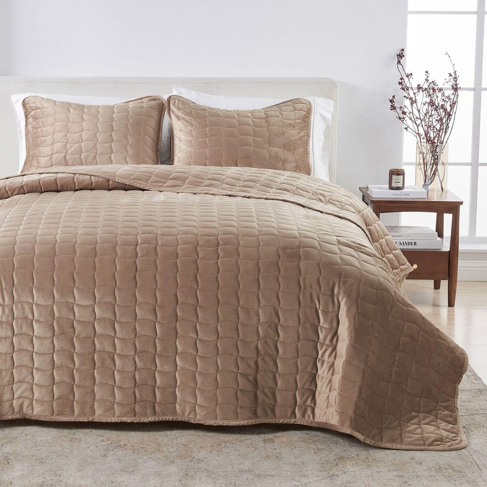 Brown Luxury Velvet Stitched 3-Piece Quilt Set, Full / Queen price history on PriceWatchPro