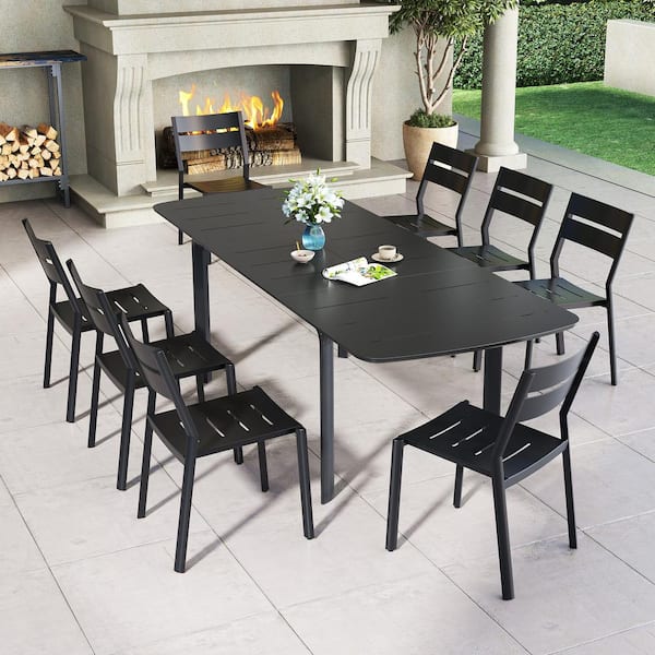 Pellebant Black 9-Piece All-Aluminium Rectangle Extendable Table Outdoor Dining Set with Stackable Chairs for 6-8-Person