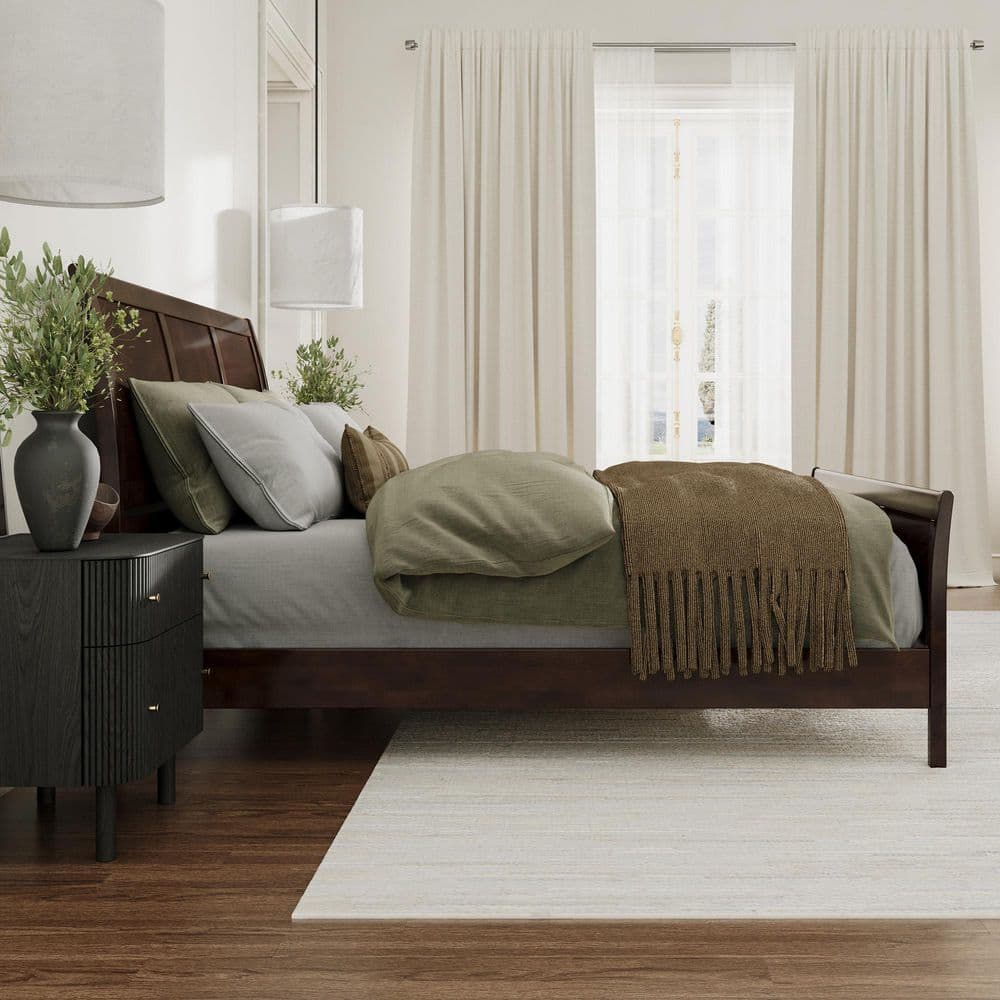 Valencia Walnut King Sleigh Platform Bed with Wood Headboard