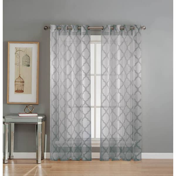 Window Elements Sheer Lattice Cotton Blend Burnout Sheer 84 in. L Grommet Curtain Panel Pair, Silver (Set of 2)