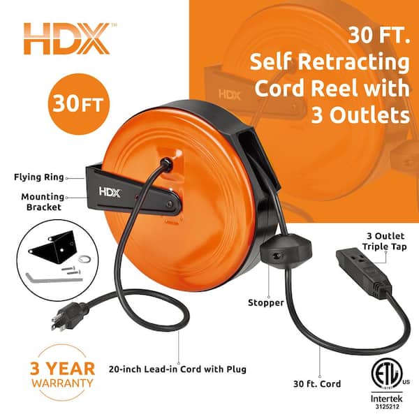 GREATIDE 30 Ft Retractable Extension Cord Reel, 16/3 SJTW Power Cord with 3  Electrical Outlets and 10 Amp Circuit Breaker, Ceiling or Wall Mount,  Adjustable Stopper, Metal Plate, UL Listed, Orange 