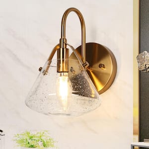 Modern 1-Light Brass Wall Sconce with Bell Globe Seeded Glass Shade Foyer, Entry, Bath Wall Lantern, LED Compatible