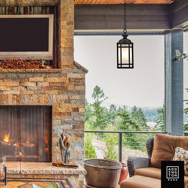 Addington Park 1 Light Mission Style Outdoor Pendant With Frosted Glass Black Finish 31747 The Home Depot Addington Park 1 Light Mission Style, Mission Style Outdoor Pendant Lighting