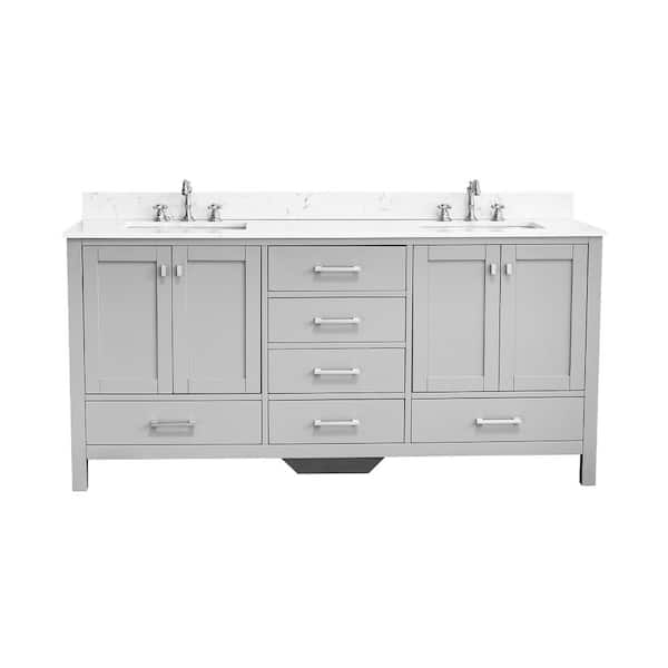 YASINU Bath Mist 72 in. W. Double Sink Freestanding Bath Vanity in Gray with White Engineered Top