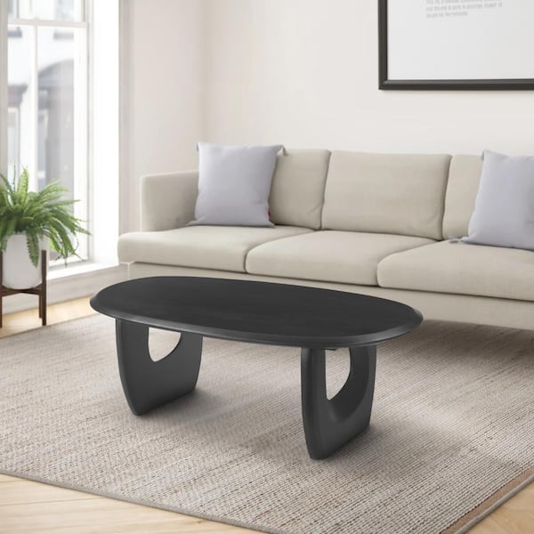 THE URBAN PORT 43 in. Black Round Wood Coffee Table with Cut Out Rounded Panel Legs