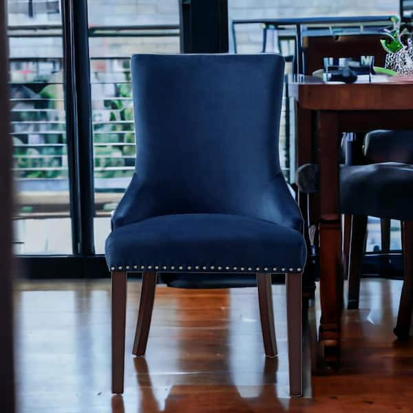 HomeRoots Tufted Navy Blue And Espresso Upholstered Velvet Side Chair (Set Of 2)