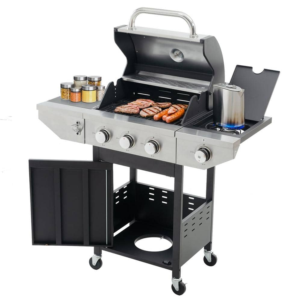 PARASOLAR 3-Burner Propane Gas Grill in Stainless Steel with Side Burner and Condiment Rack and Built-in Thermometer