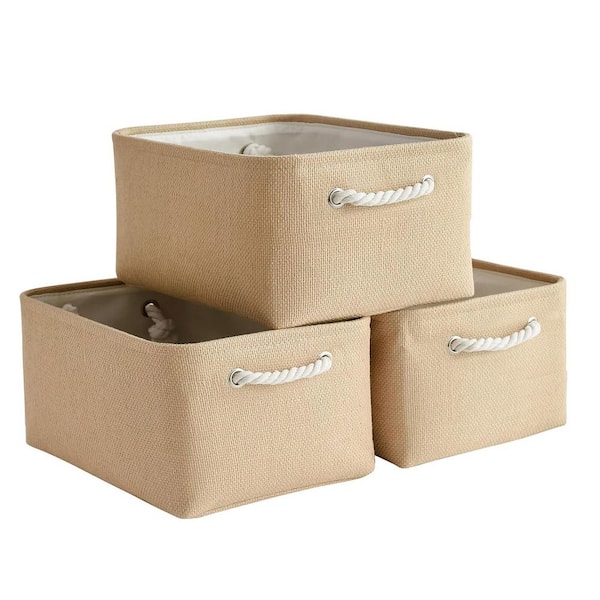 Unbranded Beige 15.7 in. x 8.3 in. Linen Decorative Basket Set of 3 with Handles
