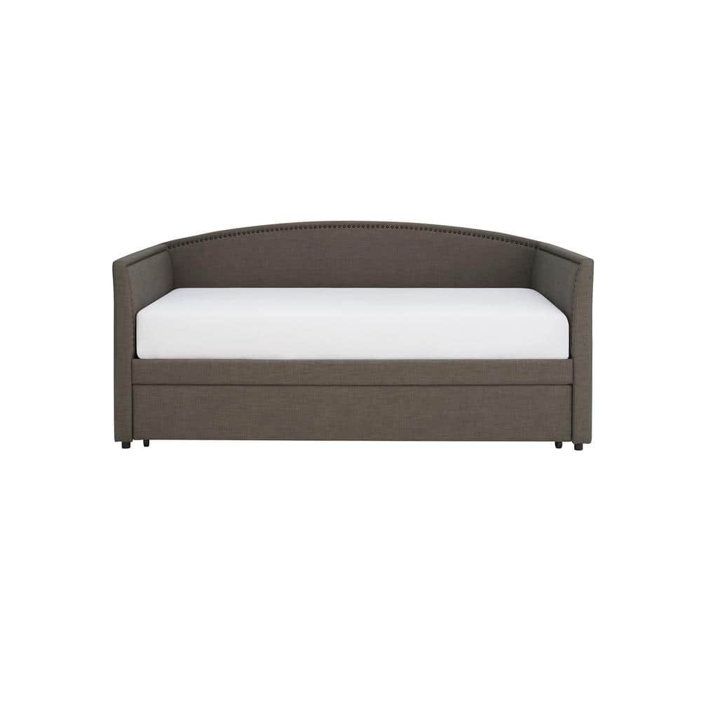 Gray Linen Twin Daybed with Trundle and Nailhead Trim