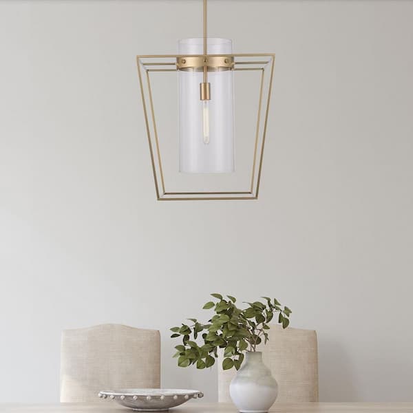 18 in. 1-Light Antique Gold Pendant Light Fixture with Clear Glass Cylinder Shade